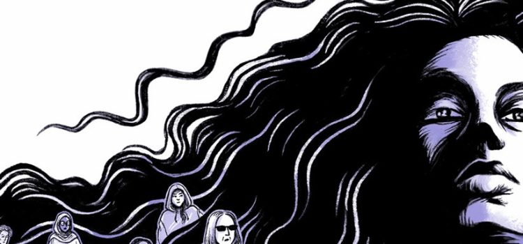 JOURNÉE DE LUTTE CONTRE LES VIOLENCES SEXISTES ET SEXUELLES 2025 couverture de la BD les combattantes montrant, dans la chevelure d'une personne, d'autres personnes.